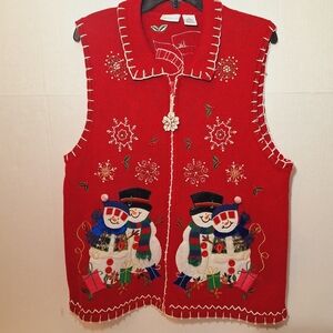 Christmas Sweater Vest Women XL Red ZipUp Snowmen Snowflake Beaded Ugly But Cute